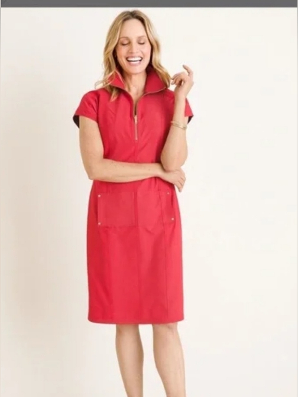 Size 3 Zenergy Bright Red Short-Sleeve Zip-Front Dress